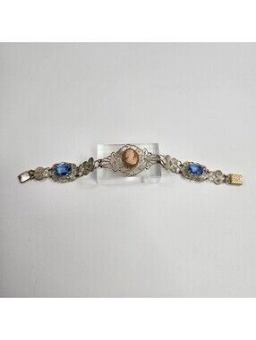 Vintage Cameo Filigree Bracelet Blue Glass Art Victorian Revival Silver Tone GM